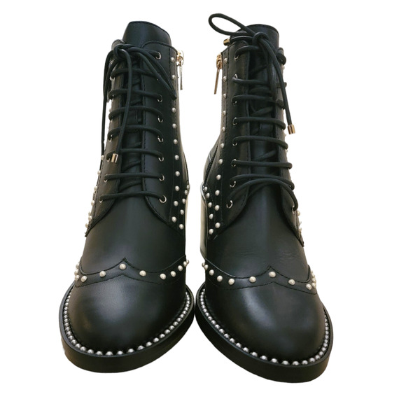 Jimmy Choo Hanah 65 Black Leather Pearl Studded Lace-Up Combat Boots 38 / US 8 - Picture 6 of 11
